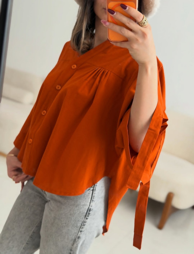 شومیز عروسکی لینن آجری و زرشکی